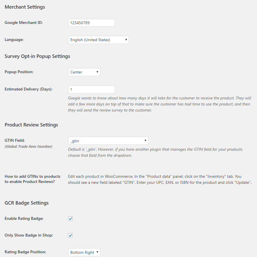 The settings page for Google Customer Reviews for WooCommerce plugin