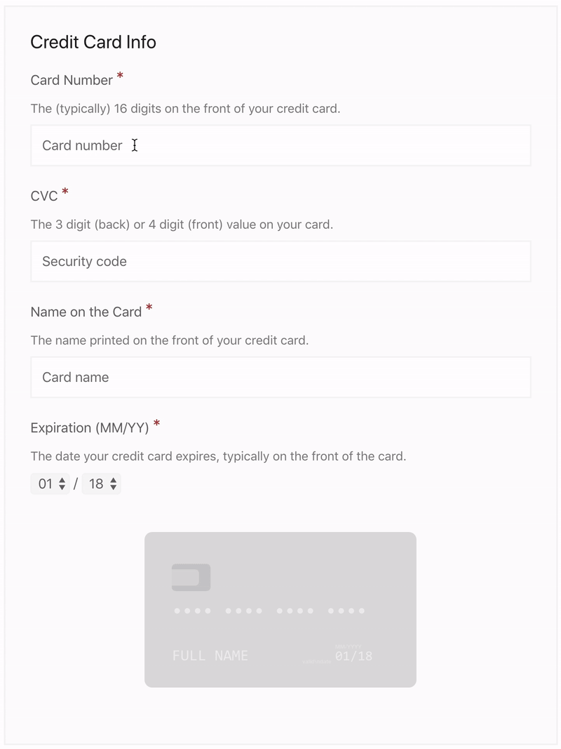 Filling in card details, live updates the card