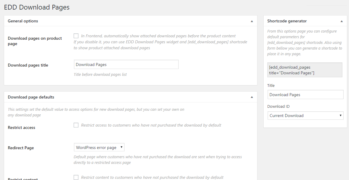 Admin - EDD Download Pages -> Settings