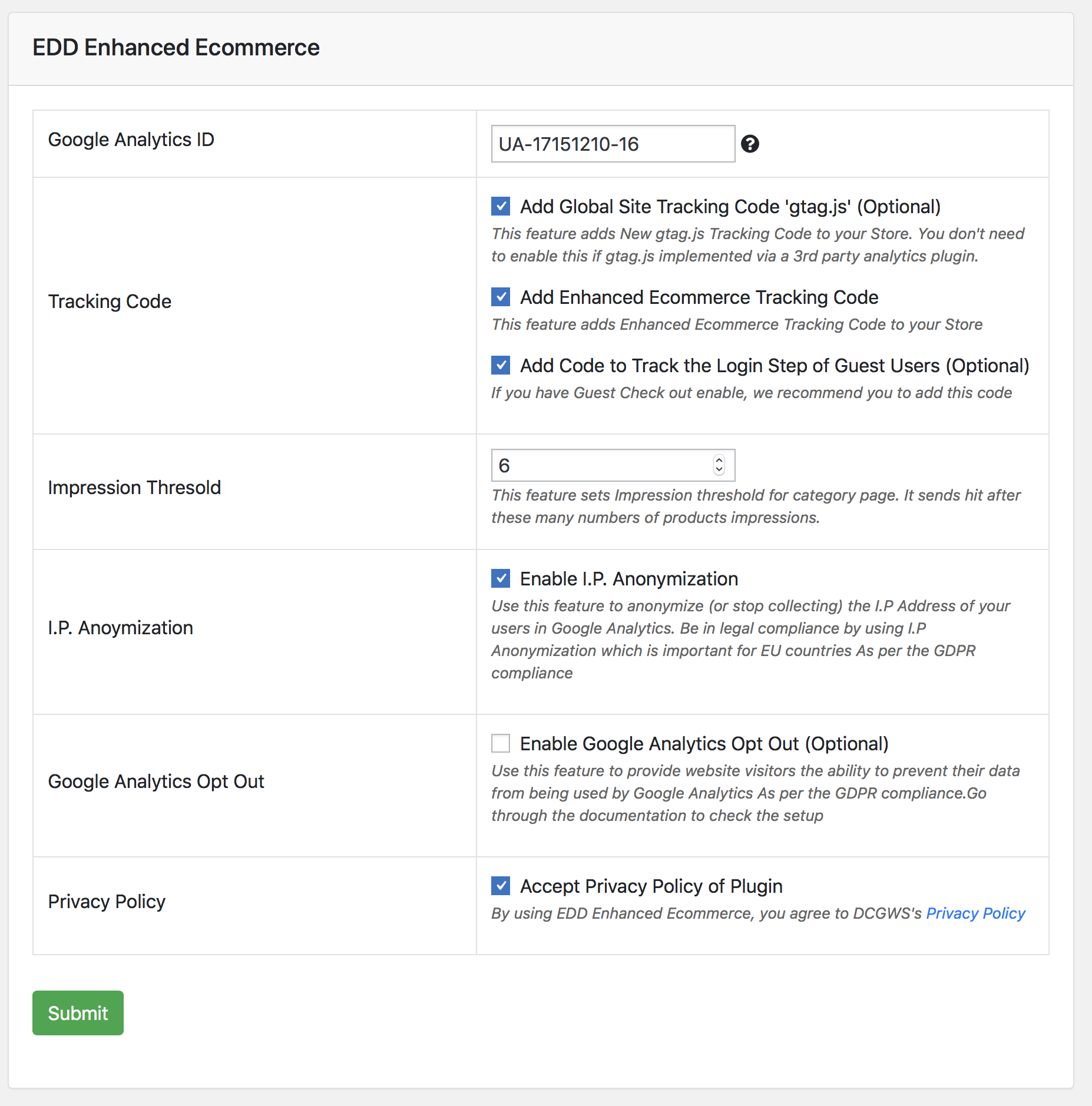Next, you need to activate your plugin from the Settings page by clicking the checkbox – “Add Enhanced Ecommerce Tracking Code". You can access the same from: EDD Enhanced Ecommerce > EDD Enhanced Ecommerce.