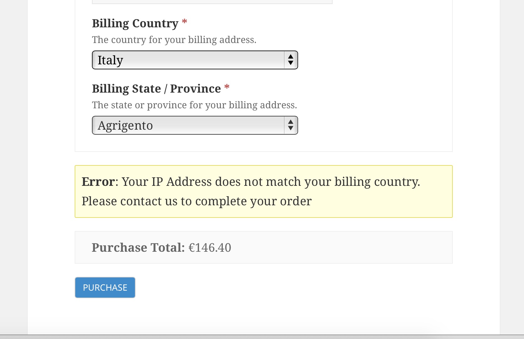 Notice show to customer on Checkout Page when Billing Country and Ip Location do not match