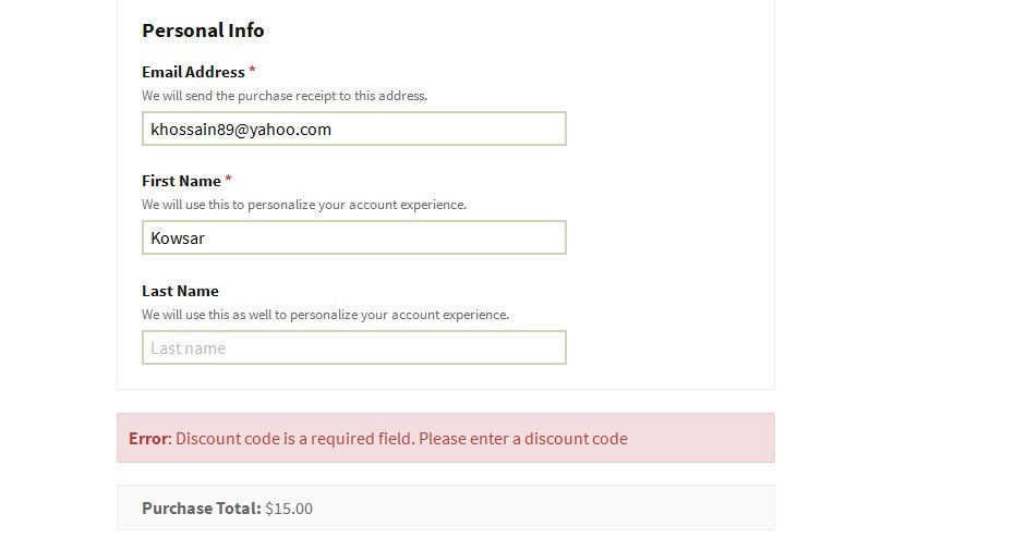 In checkout page, when users will try to purchase without entering any discount code, they'll see an error notice.