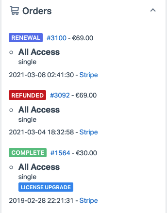 Orders with status, links to the store and payment provider
