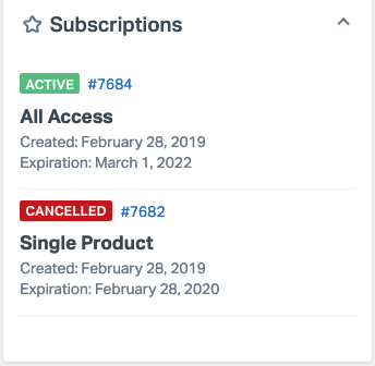 Subscriptions with status and links to the store