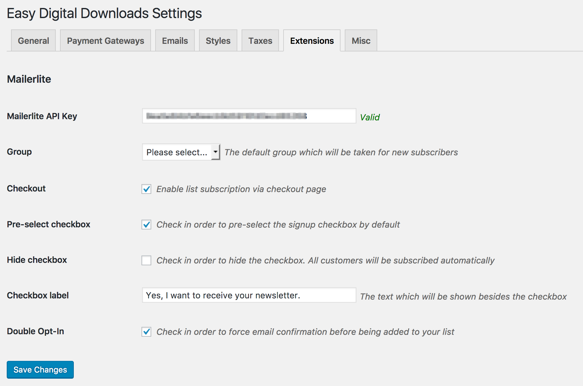 Settings page