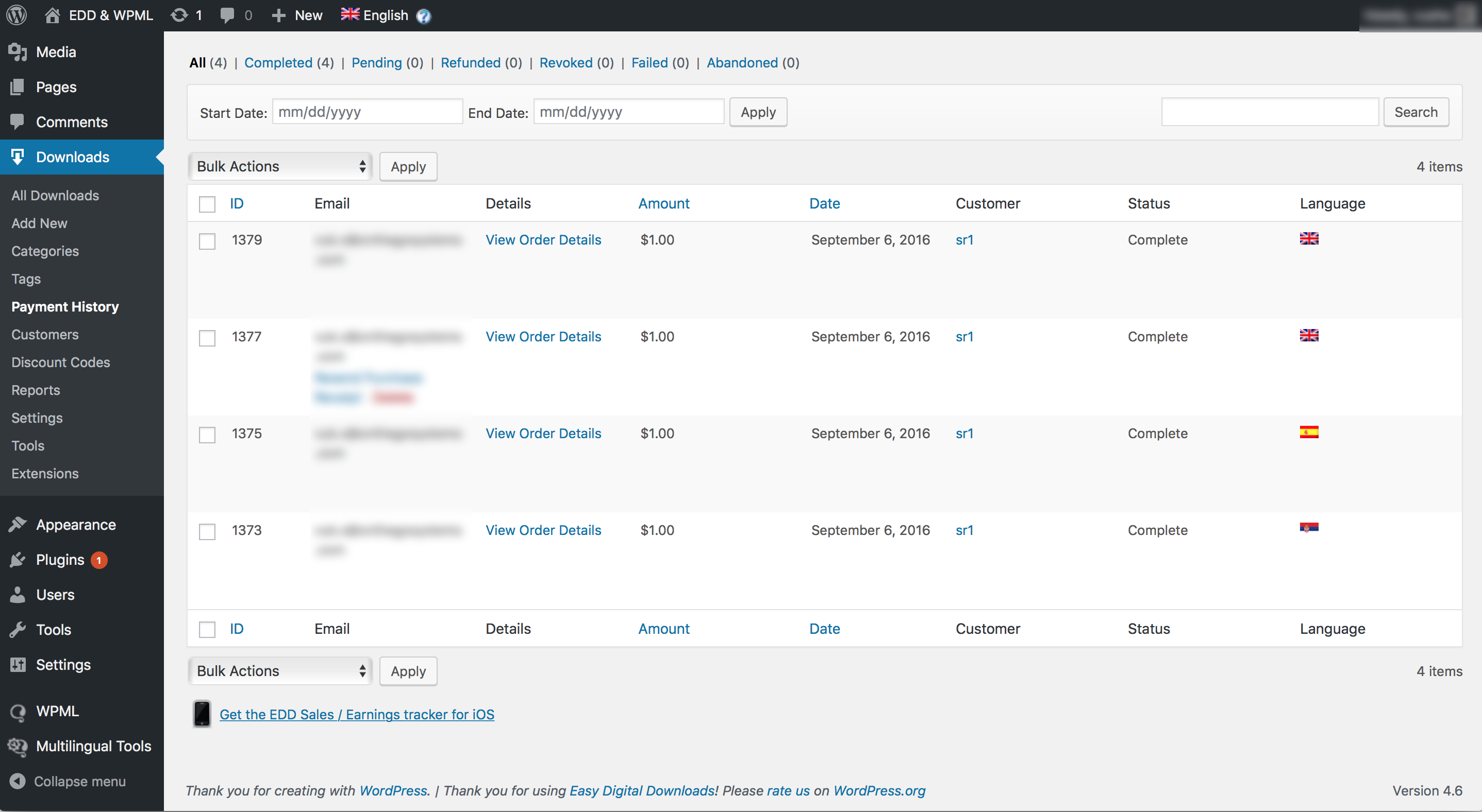 Payments history table with languages information