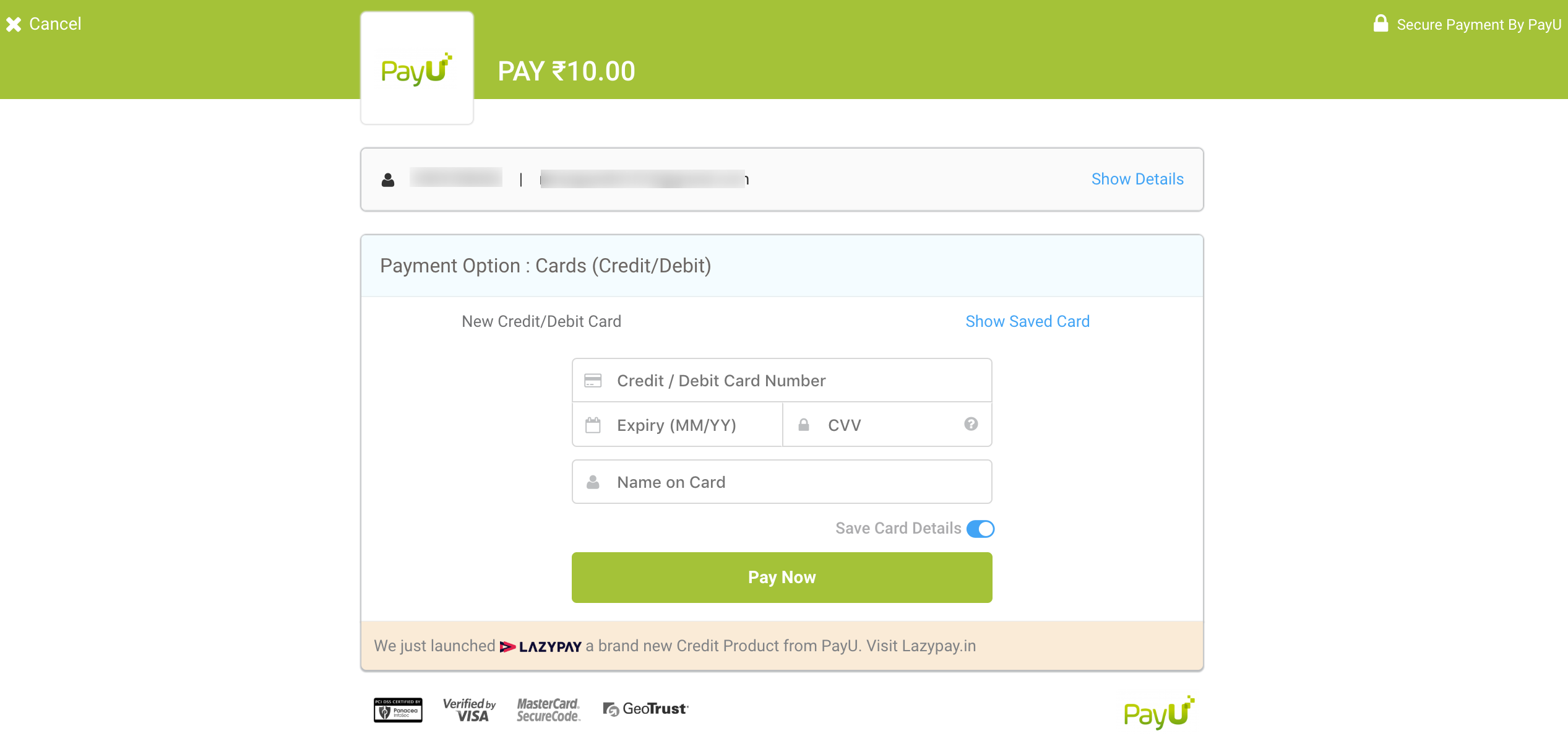 PayUmoney payment form(Can be different based on payment methods enabled)