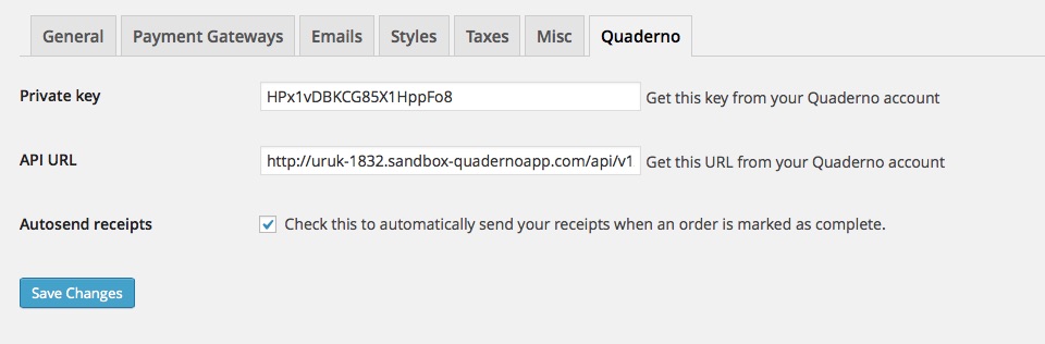 Copy your API token and API URL from your Quaderno account