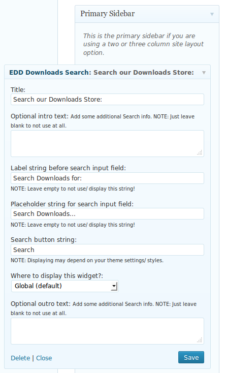 Easy Digital Downloads Search Widget in WordPress' widget settings area: default state ([Click here for larger version of screenshot](https://www.dropbox.com/s/mscc03gza4gr5ij/screenshot-1.png))