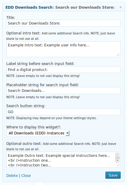 Easy Digital Downloads Search Widget in WordPress' widget settings area: with custom intro and outro text ([Click here for larger version of screenshot](https://www.dropbox.com/s/309v5cjuz3bgk6p/screenshot-3.png))