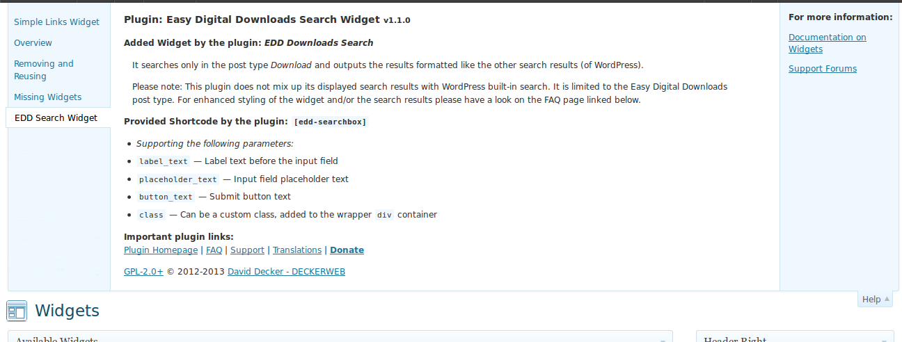 Easy Digital Downloads Search Widget: plugin help tab in admin area. ([Click here for larger version of screenshot](https://www.dropbox.com/s/gd8zva4jsmnq4o7/screenshot-5.png))