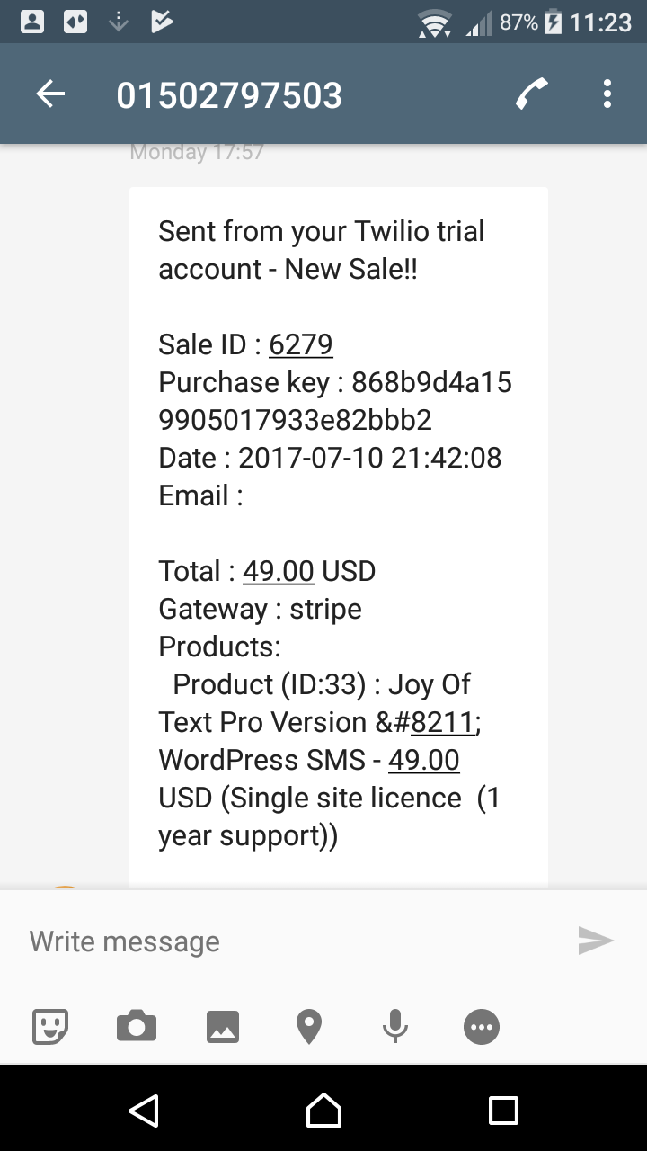 An example of a new sale notification.