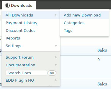 Easy Digital Downloads Toolbar in action - a second level - add new download ([Click here for larger version of screenshot](https://www.dropbox.com/s/oqcf68fnz2j1q6u/screenshot-2.png))