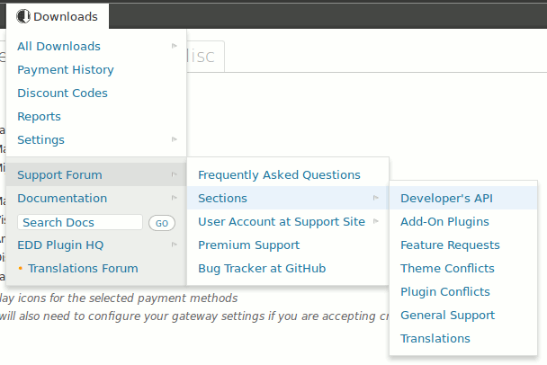 Easy Digital Downloads Toolbar in action - a third level - resources: support forums ([Click here for larger version of screenshot](https://www.dropbox.com/s/0ol73zw9udpjetm/screenshot-4.png))