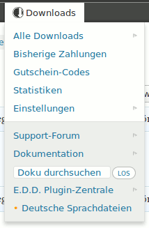Easy Digital Downloads Toolbar in action - language specific links at the bottom - for German locales ([Click here for larger version of screenshot](https://www.dropbox.com/s/dvkxaks5ac4f32q/screenshot-7.png))