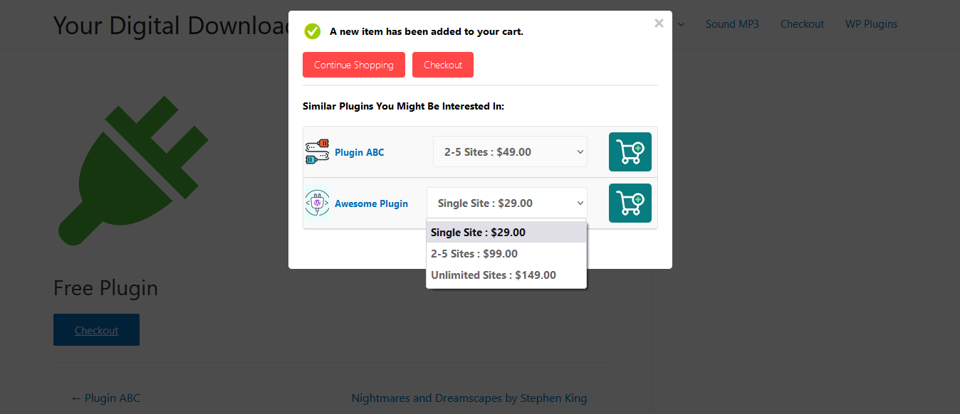 Popup with downloads that have variable pricing.