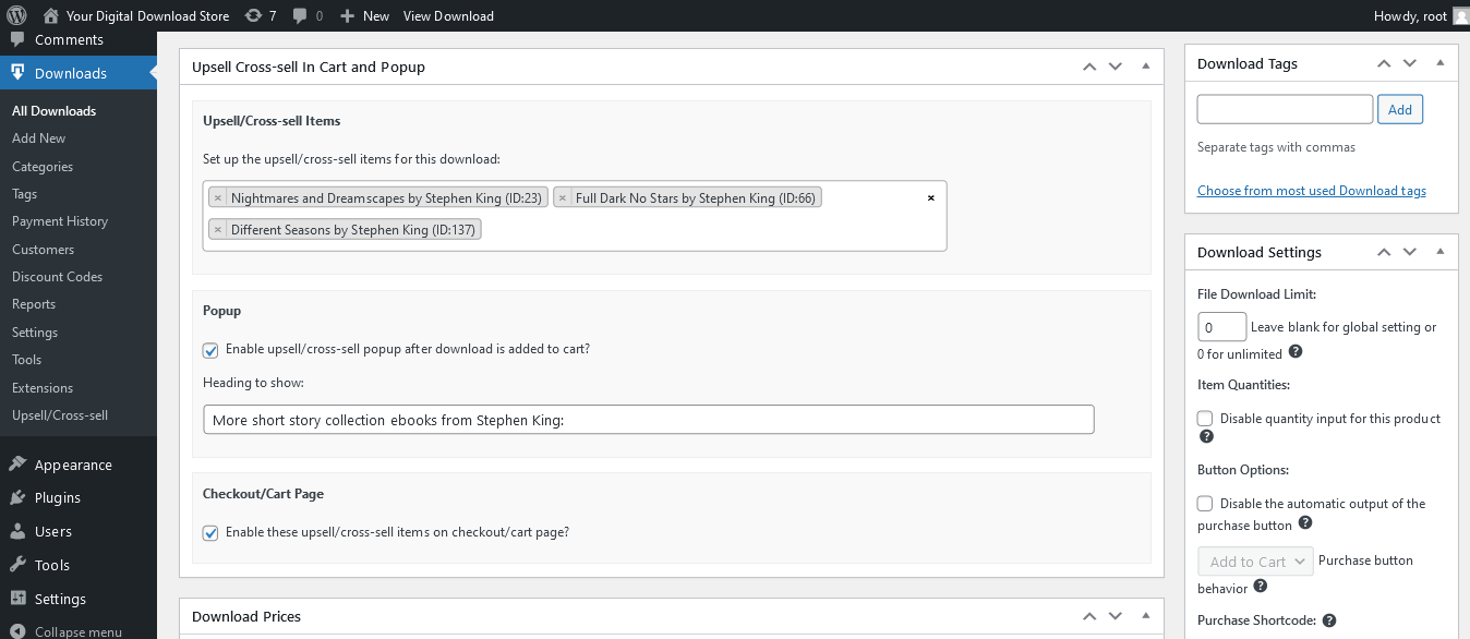 Metabox options on EDD single download page edit.