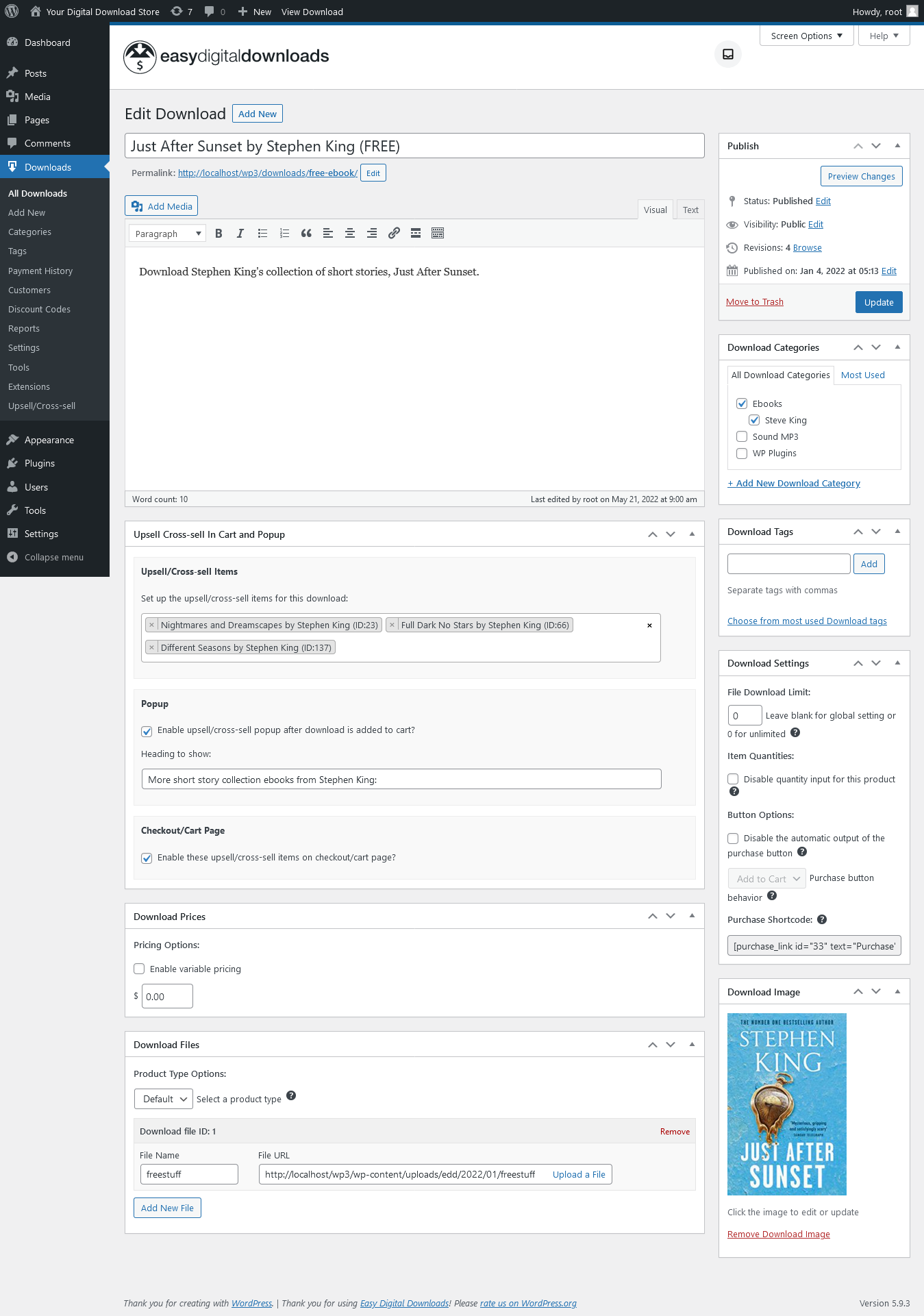 Full page view of metabox options on EDD single download page edit.