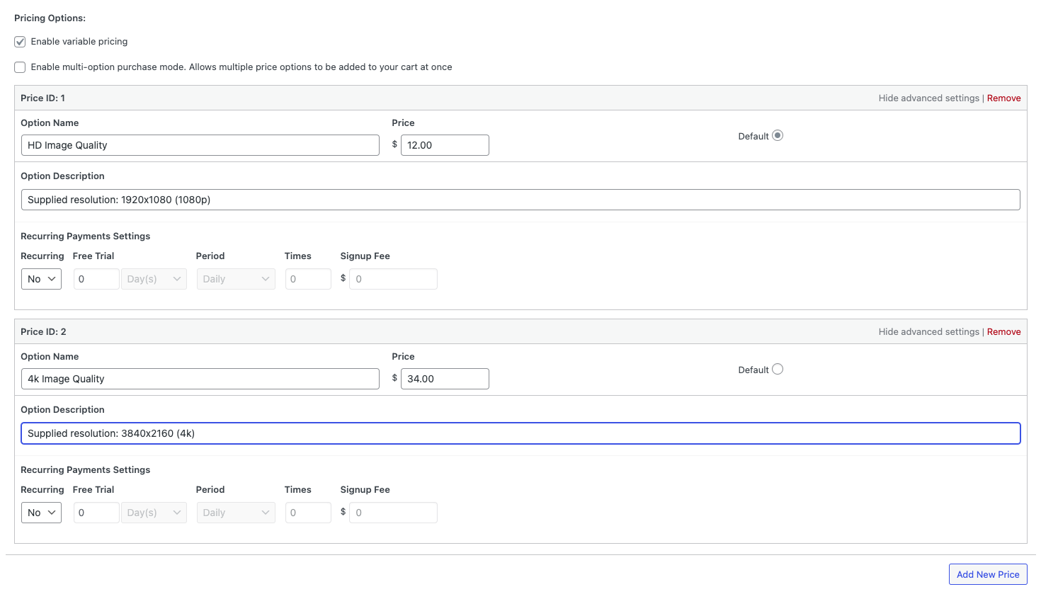 The "Option Description" input fields