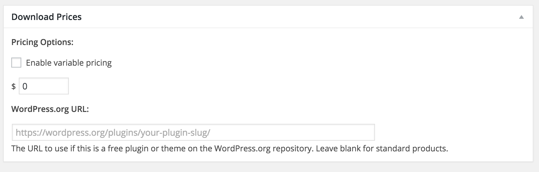 The WordPress.org URL setting added to the Add/Edit Download page.
