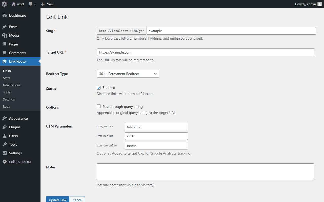 Edit link with UTM parameters