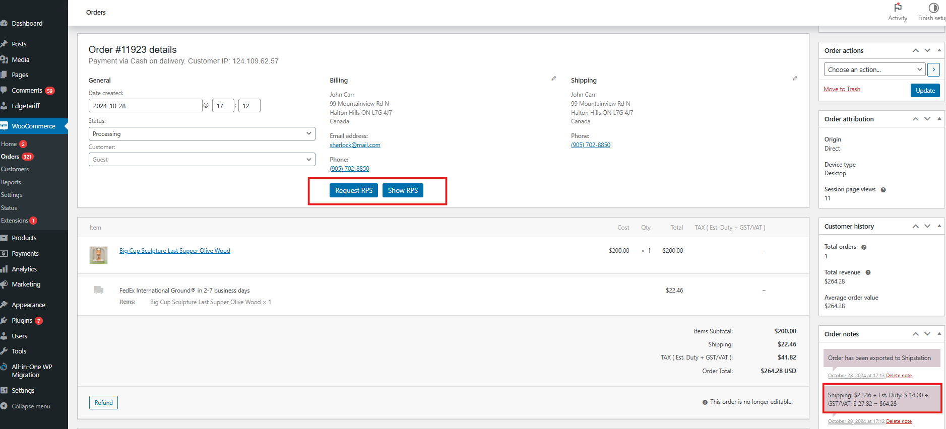 The FedEx shipment label can now be generated automatically upon successful order placement.