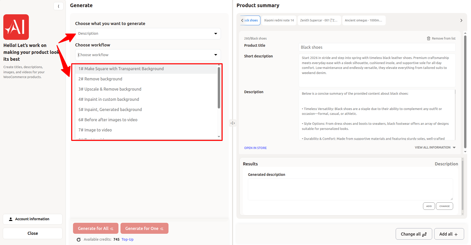 Product Edit Screen – AI Popup