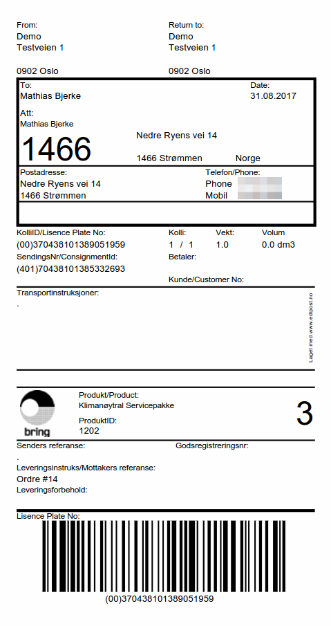 Example of a transport label created by Edipost