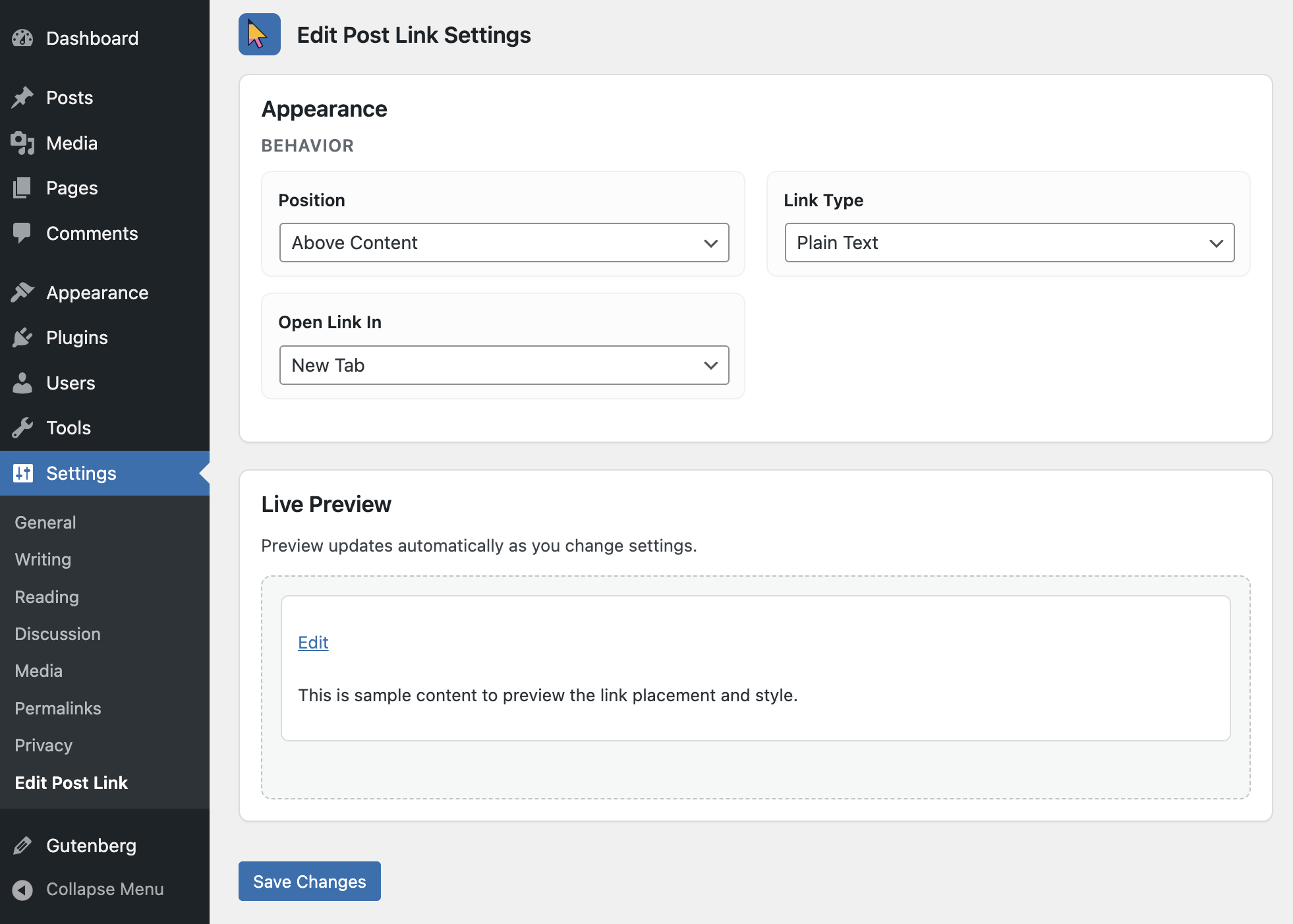 Settings page configured to load the plugin styles.