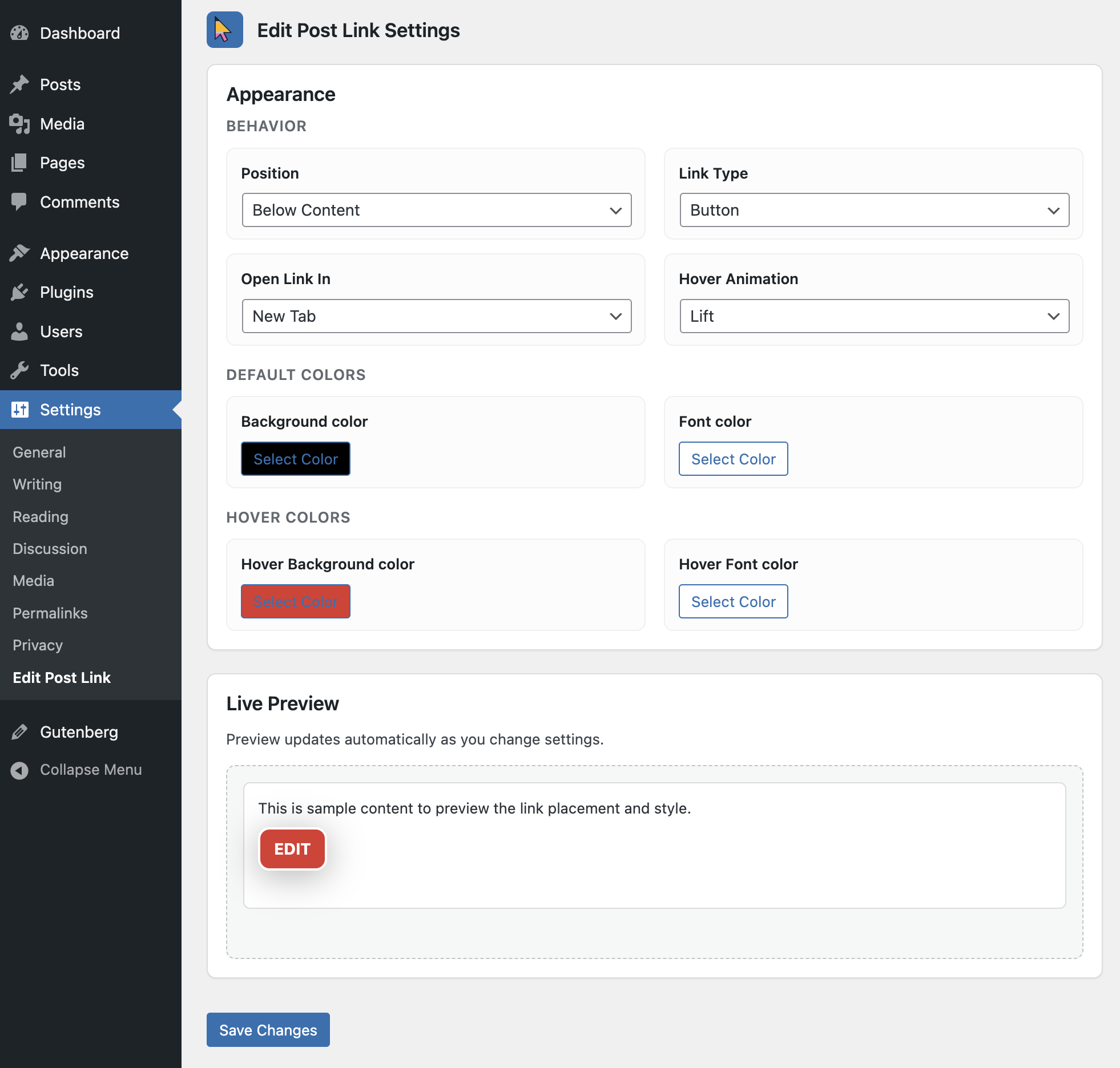 A button will be displayed using the colors set on the plugin's settings page.