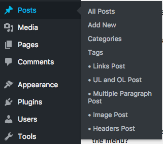 The "Posts" admin menu, with the plugin activated - note the recently-edited posts at the bottom of the menu