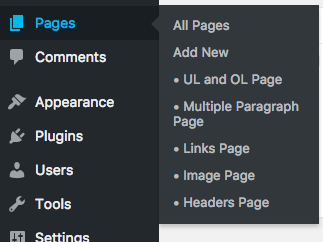 The "Pages" admin menu, with the plugin activated - note the recently-edited pages at the bottom of the menu