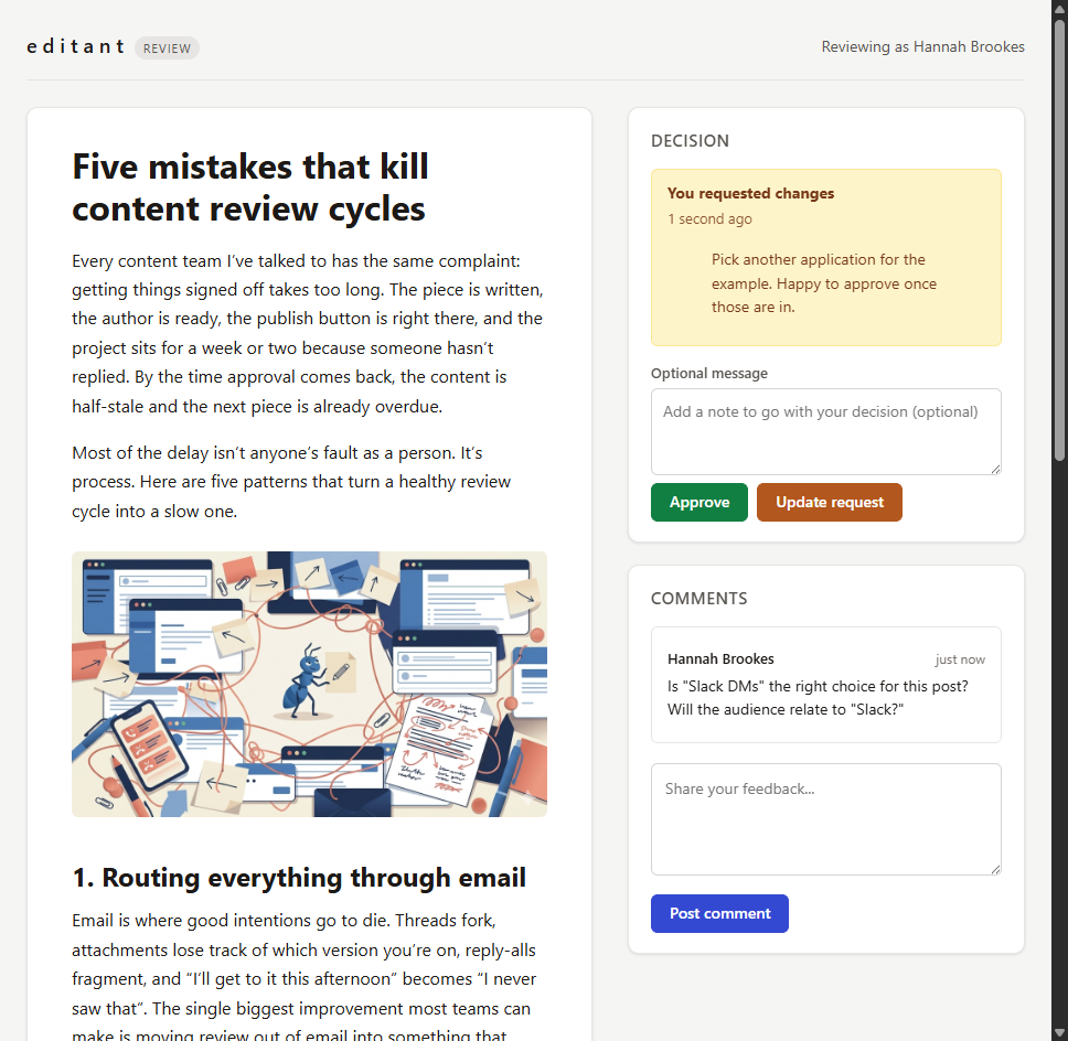 The reviewer-facing preview page showing the rendered content, comment panel, and decision buttons.