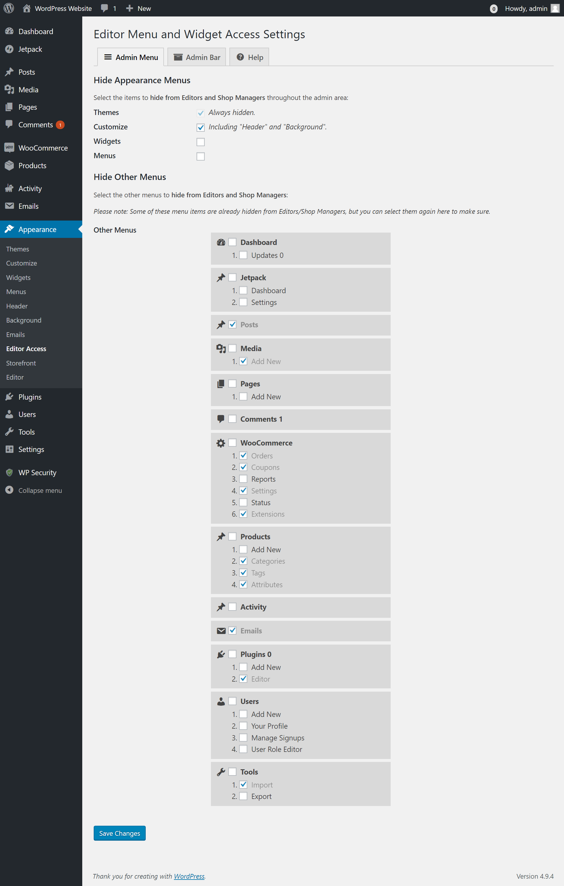 The new options page to control exactly what Editors and Shop Managers can access.