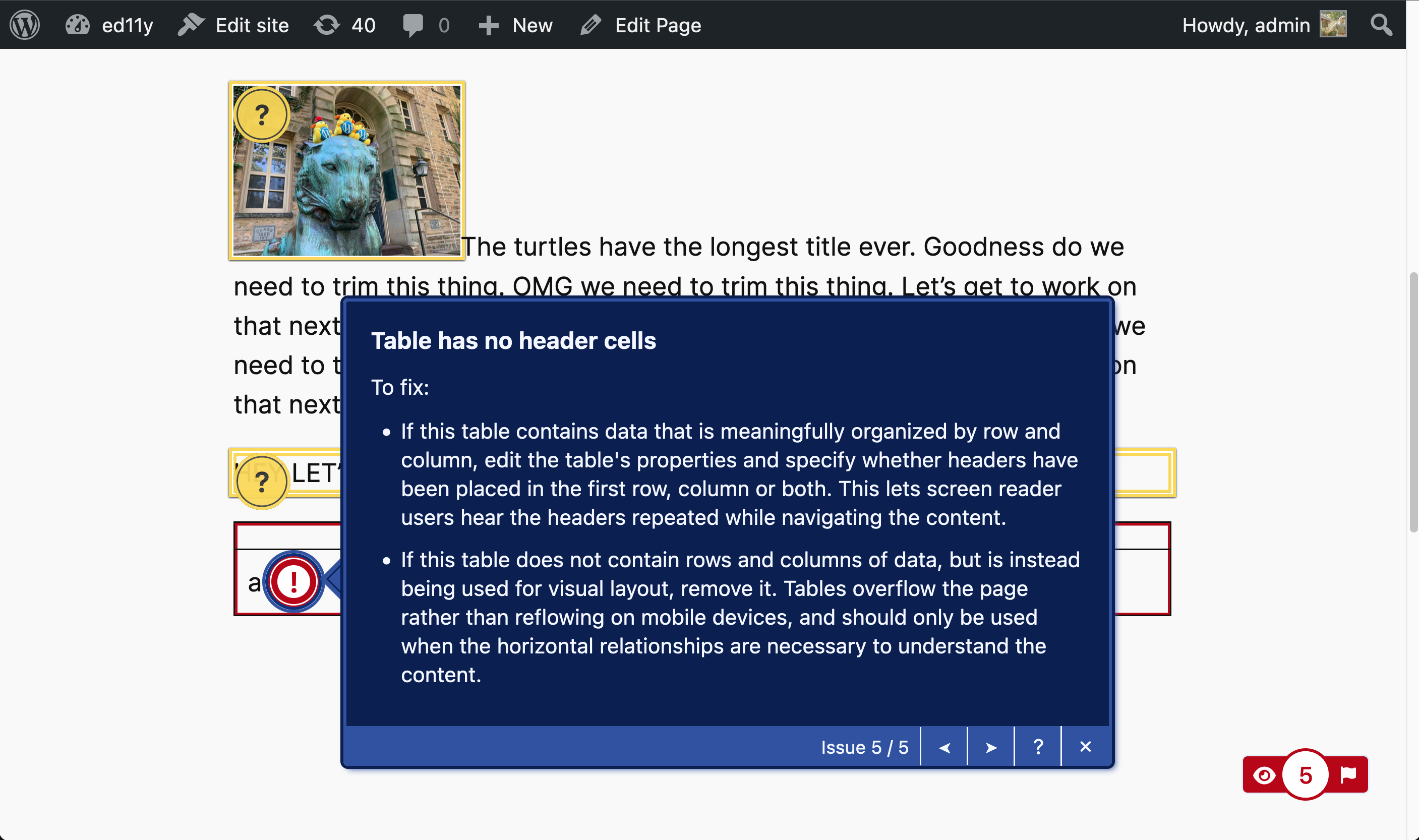 Checker set to dark theme, showing a table header alert