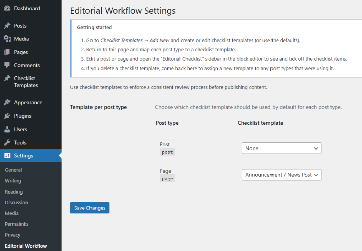 Mapping post types to checklist templates in **Settings → Editorial Workflow**.