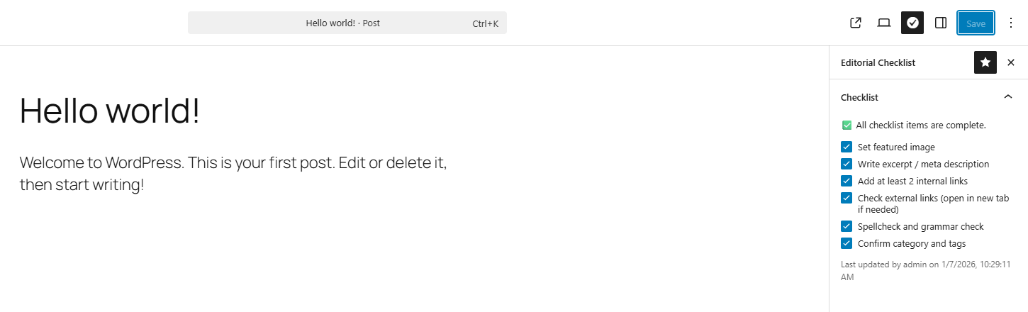 The “Editorial Checklist” sidebar in the block editor.