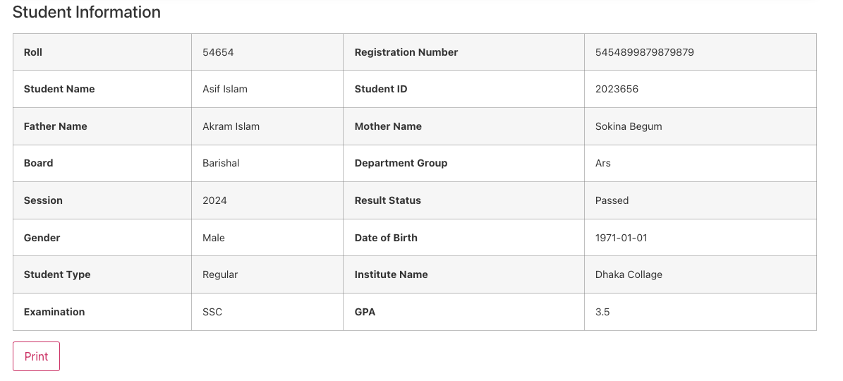 Student Information on result page