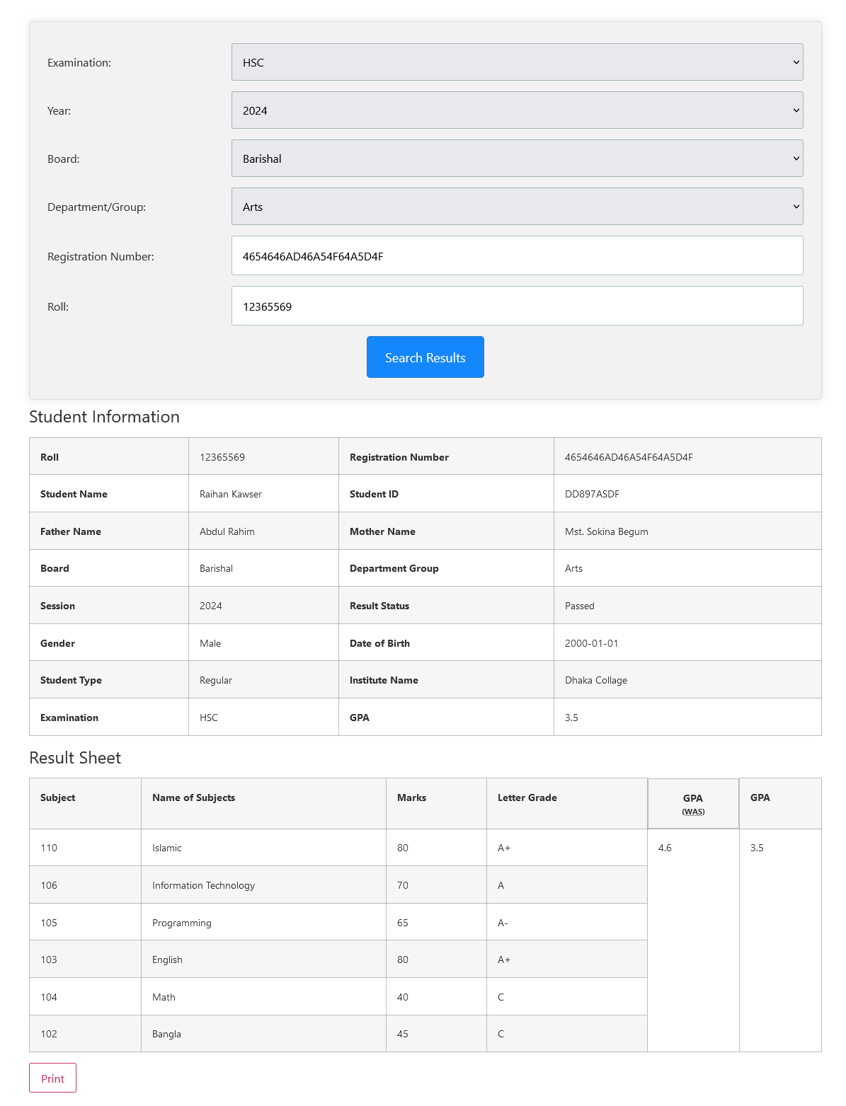 Search Form with Result Sheet