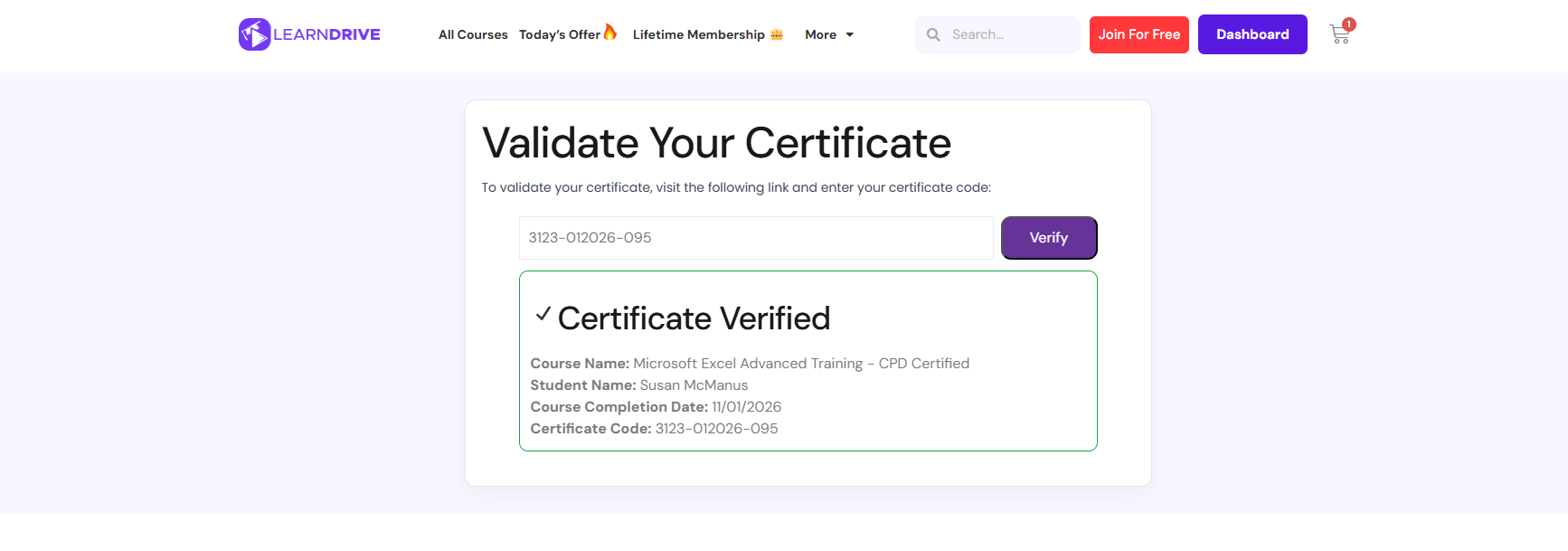 Public certificate verification form. Visitors enter their certificate code and get an instant pass/fail result.