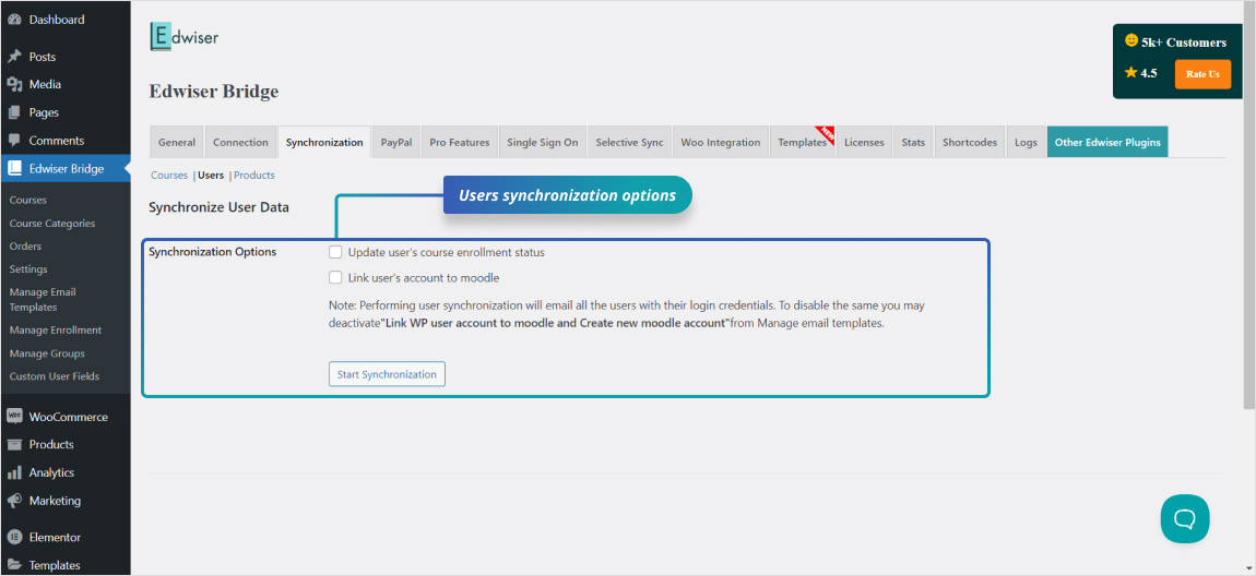 Course synchronization: Course synchronization options allow for updating and managing course categories and images between WordPress and Moodle.