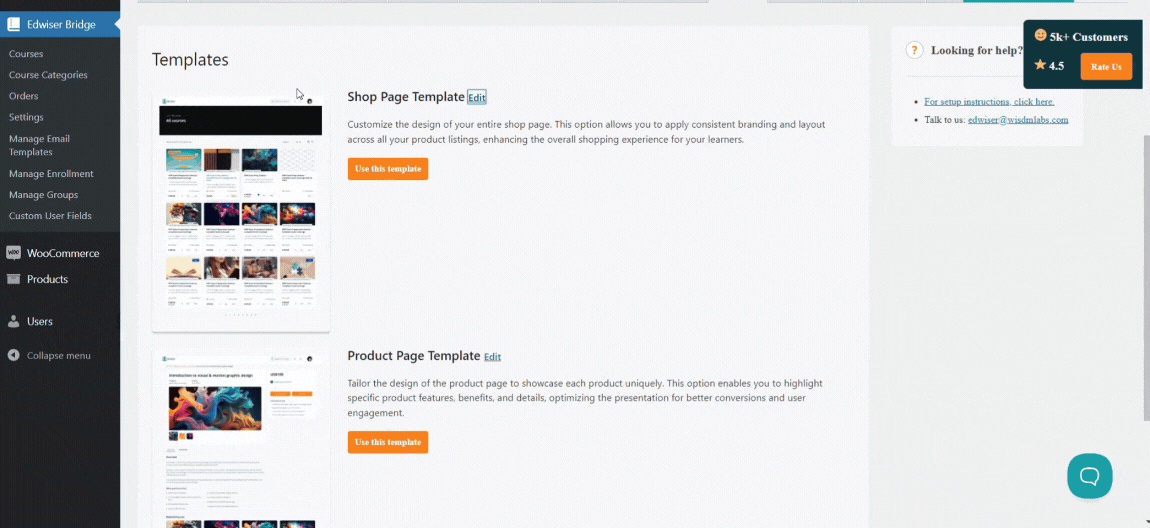 Moodle courses synced in wordpress: Manage Moodle courses synced in WordPress using Edwiser Bridge, with options for editing, enrollment synchronization, and bulk actions.