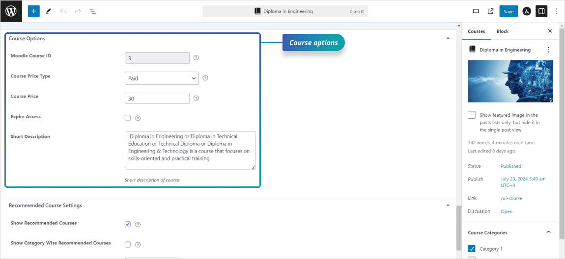 WooCommerce settings: Configure WooCommerce integration settings in Edwiser Bridge, including redirection, one-click checkout, and account creation options for seamless course sales.