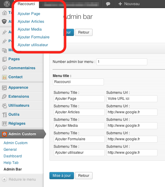 Admin bar (create a new admin bar)