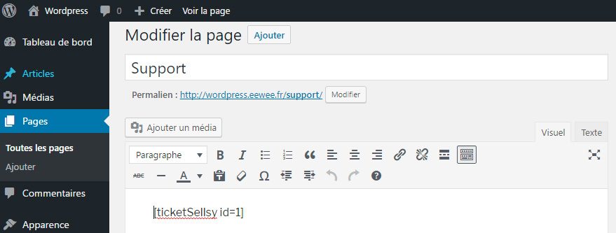 Back-office : ticket support shortcode