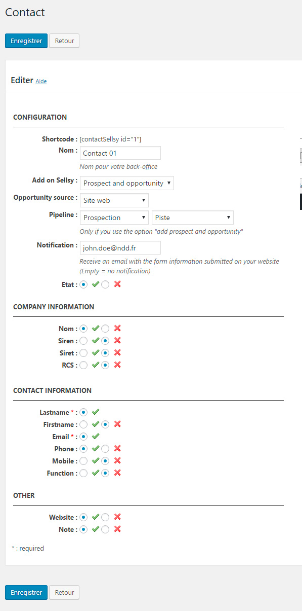 Back-office : contact (prospect / opportunity) shortcode