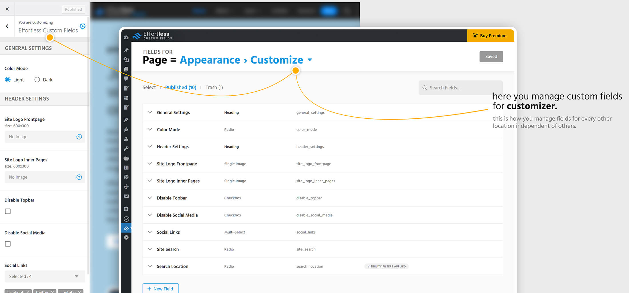 Here you create fields for 'customize' and how they show up.