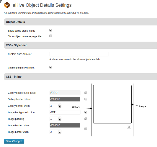 eHive Object Details Settings.