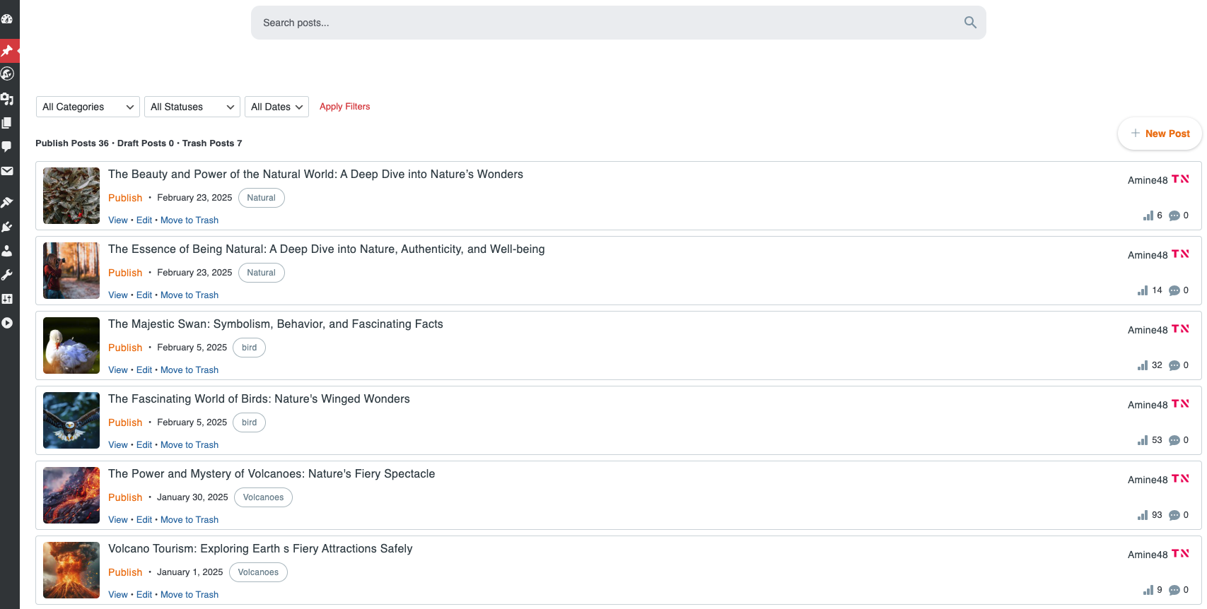 Screenshot from inside the posts page