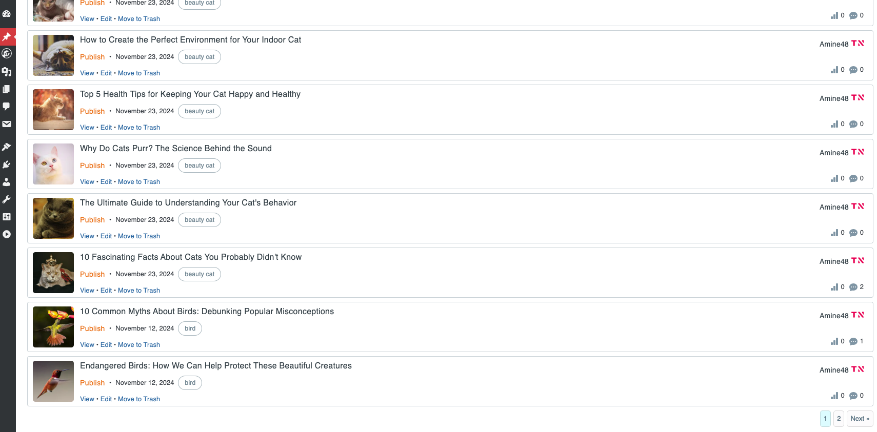 Screenshot from inside the posts page
